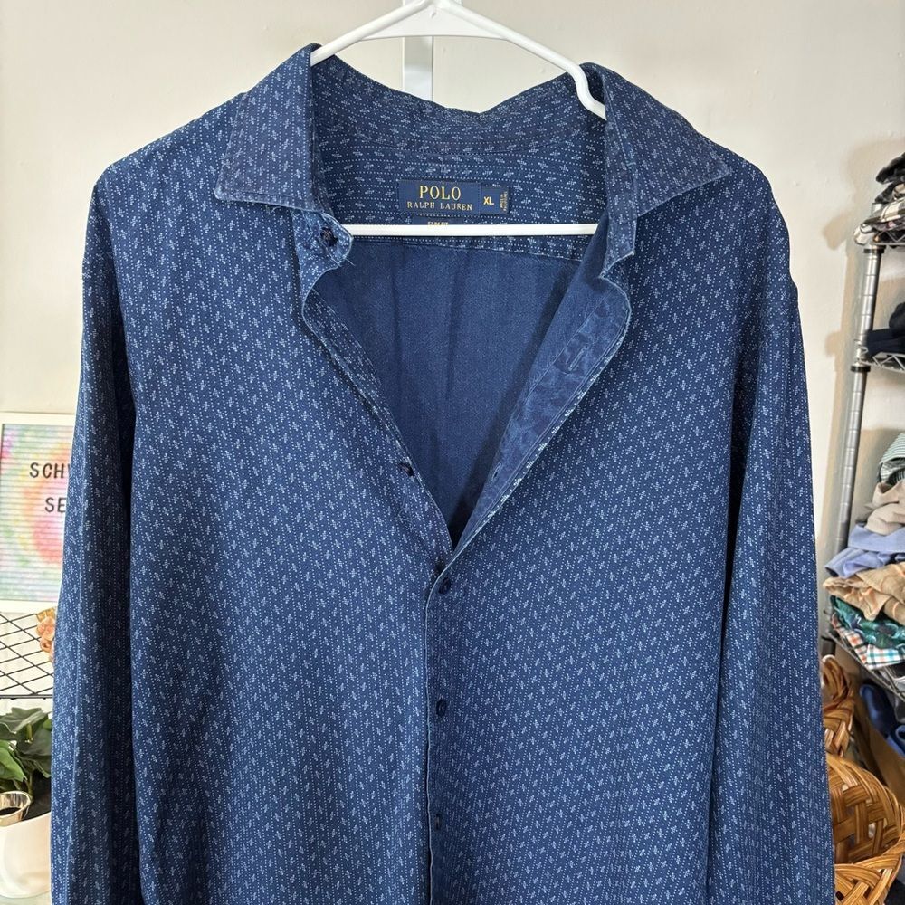 POLOâRalph Lauren Navy Blue Slim Fit Shirt mens XL timeless preppy - Picture 4 of 8